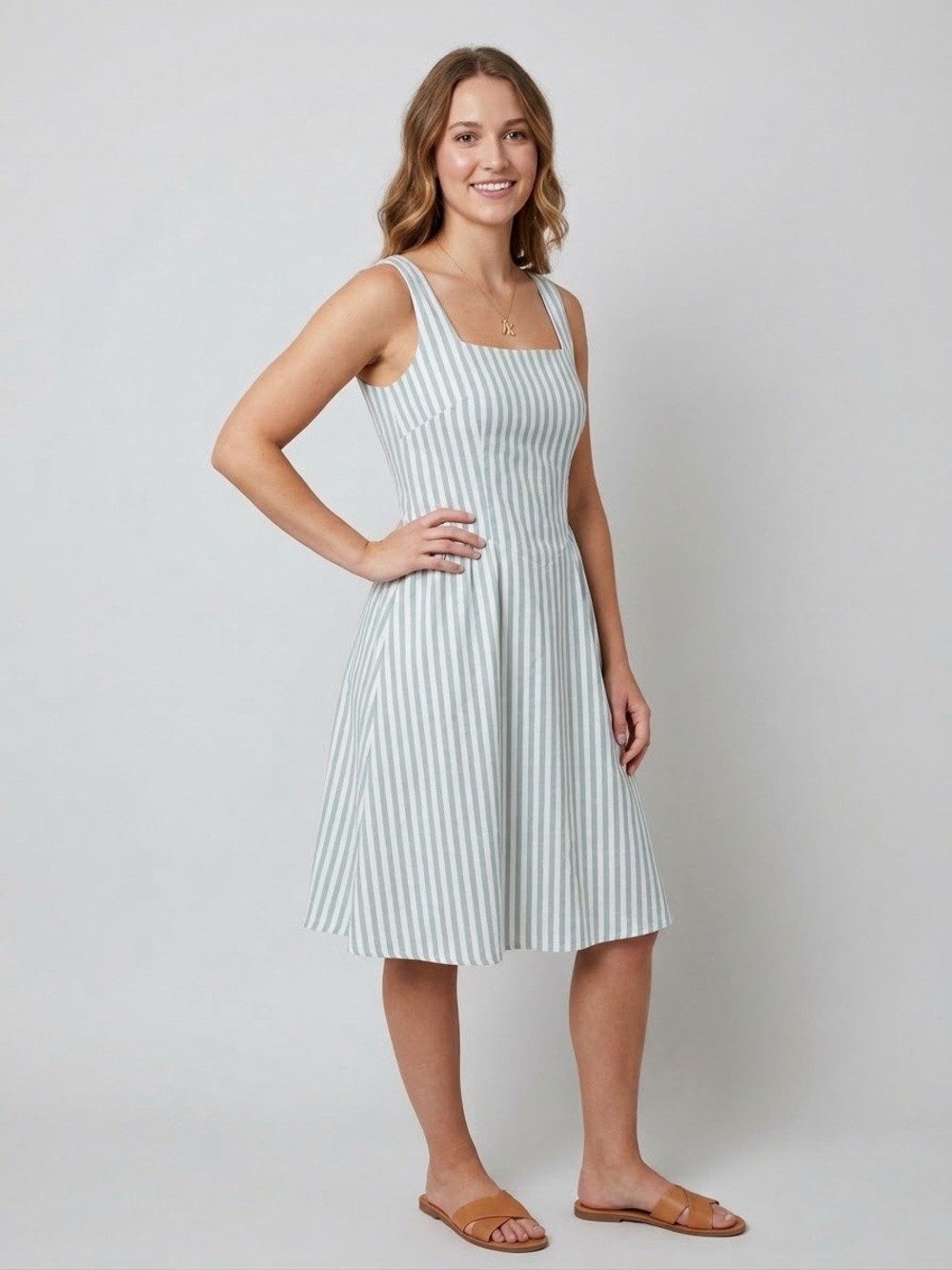 Handmade Square Neck Striped Midi Dress in Mint Green and White, Sleeveless